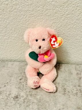 Ty Pink 'Love You Mom” Bear Holding Flower